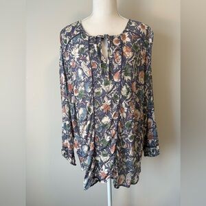Lucky Brand Floral Peasant Blouse Tie Neck 2X